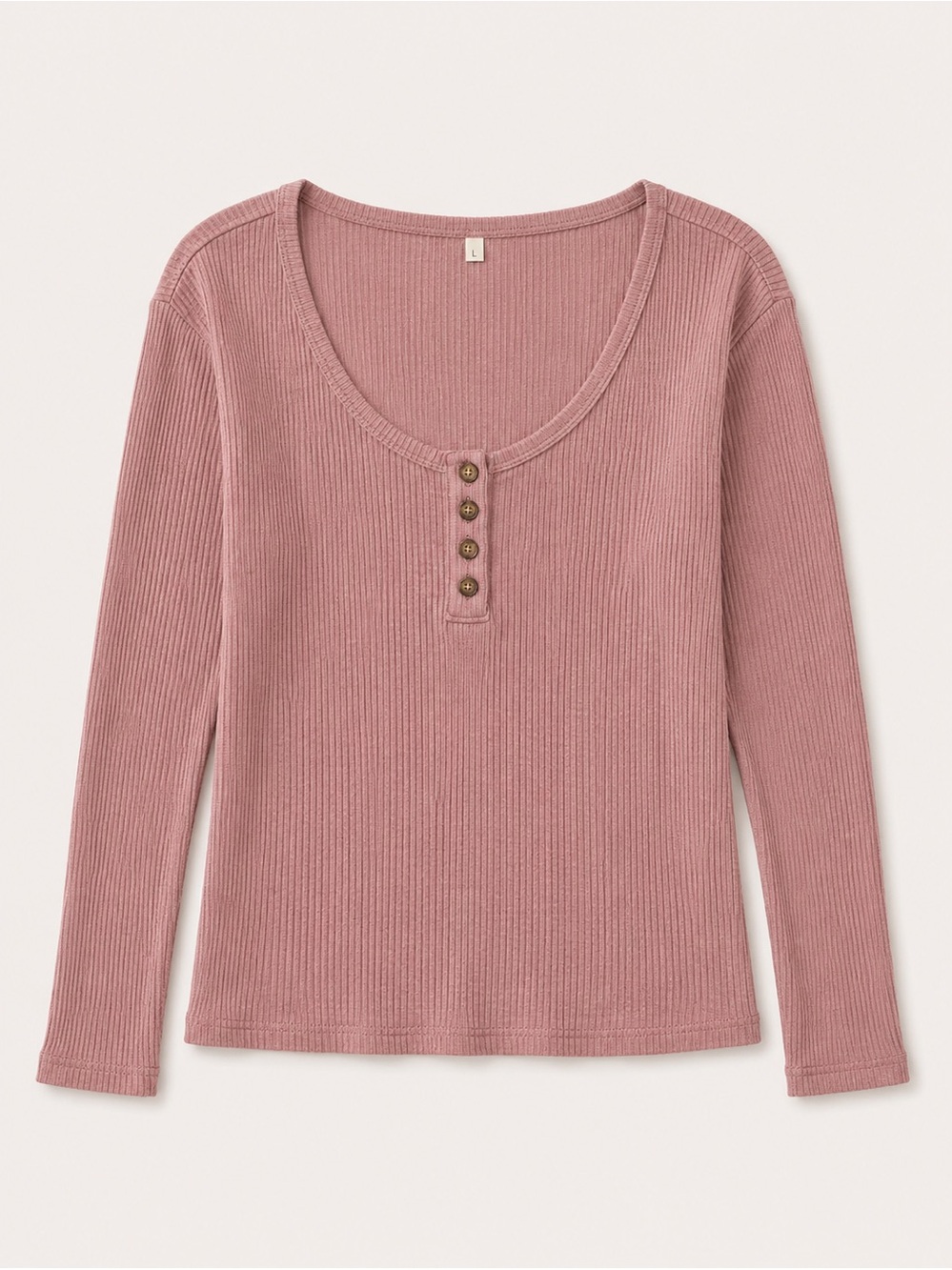 Ribbed Henley Long-Sleeve Top in Dusty Rose